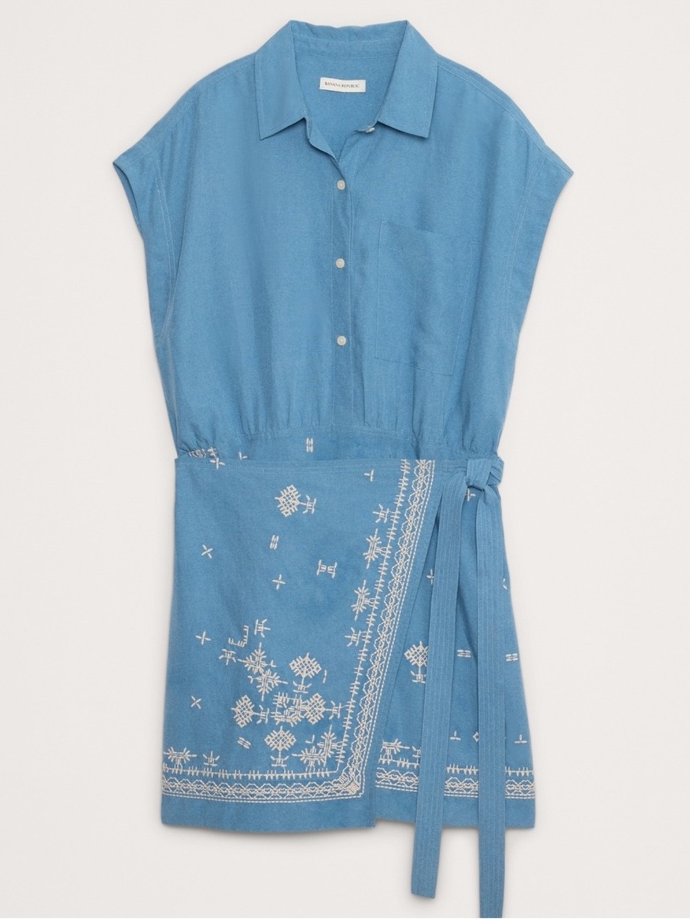 Banana republic blue tensel linen embroidered bandana print wrap dress lLIKE NEW
